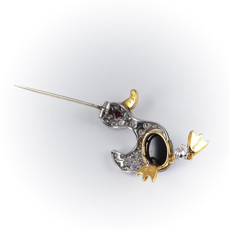 Handmade 18 Karat Gold Duck Brooch with a Doublet Opal, Diamonds and a Ruby (Neobarock) im Angebot