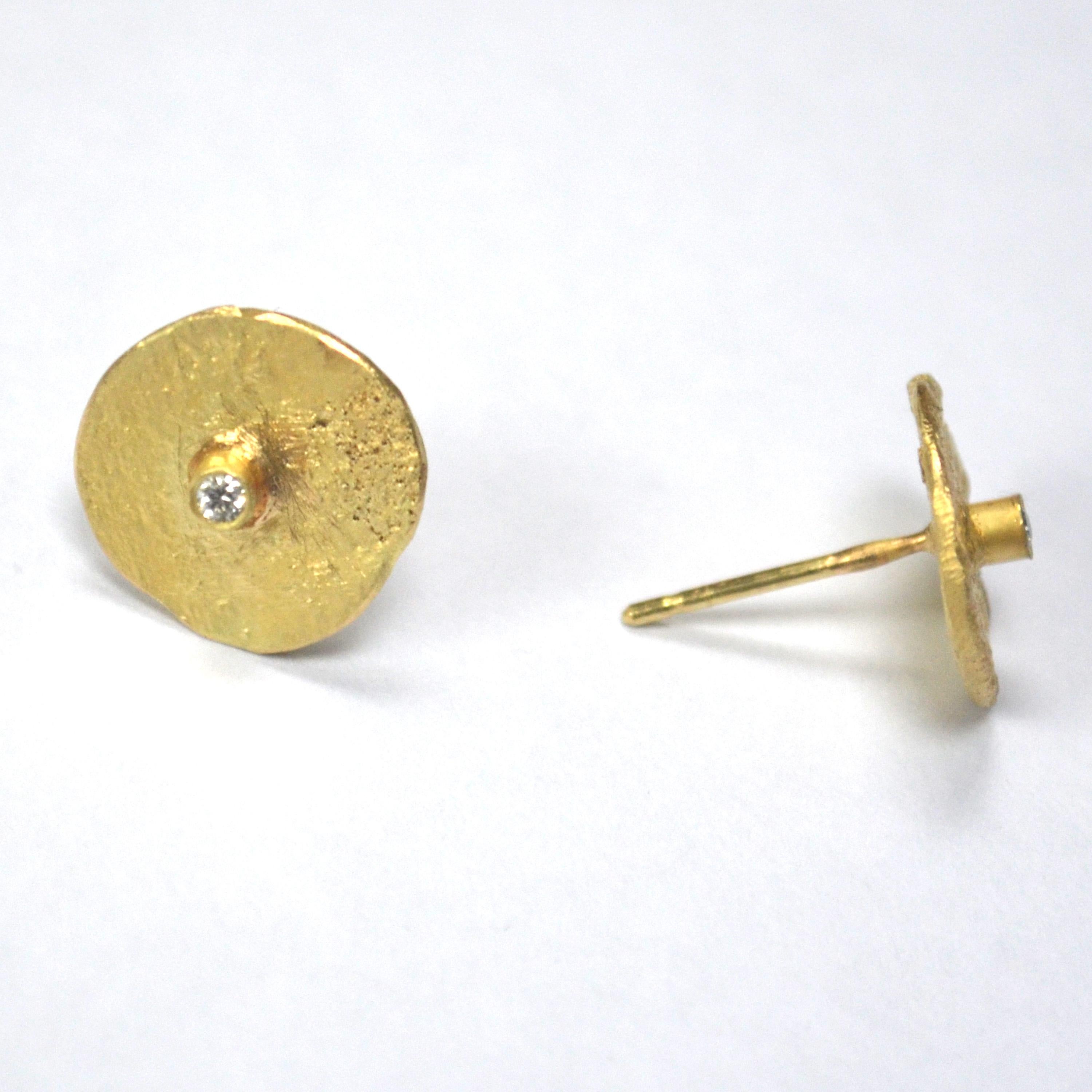 Round Cut Handmade 18 Karat Gold Organic Texture Diamond Disc Earrings by Disa Allsopp For Sale