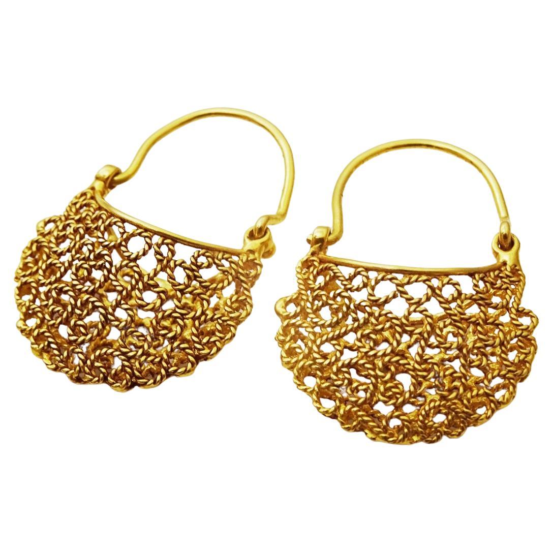 Handmade 18 karat gold Orissa Style Filigree Hoop Earrings For Sale