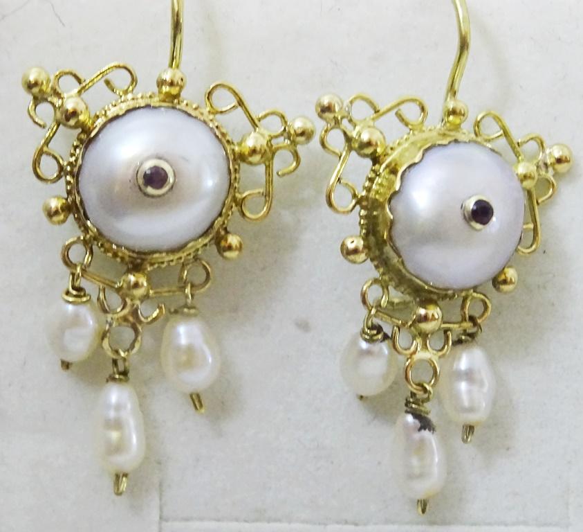 Round Cut Handmade 18 karat Gold , Pearl and Ruby Earrings For Sale