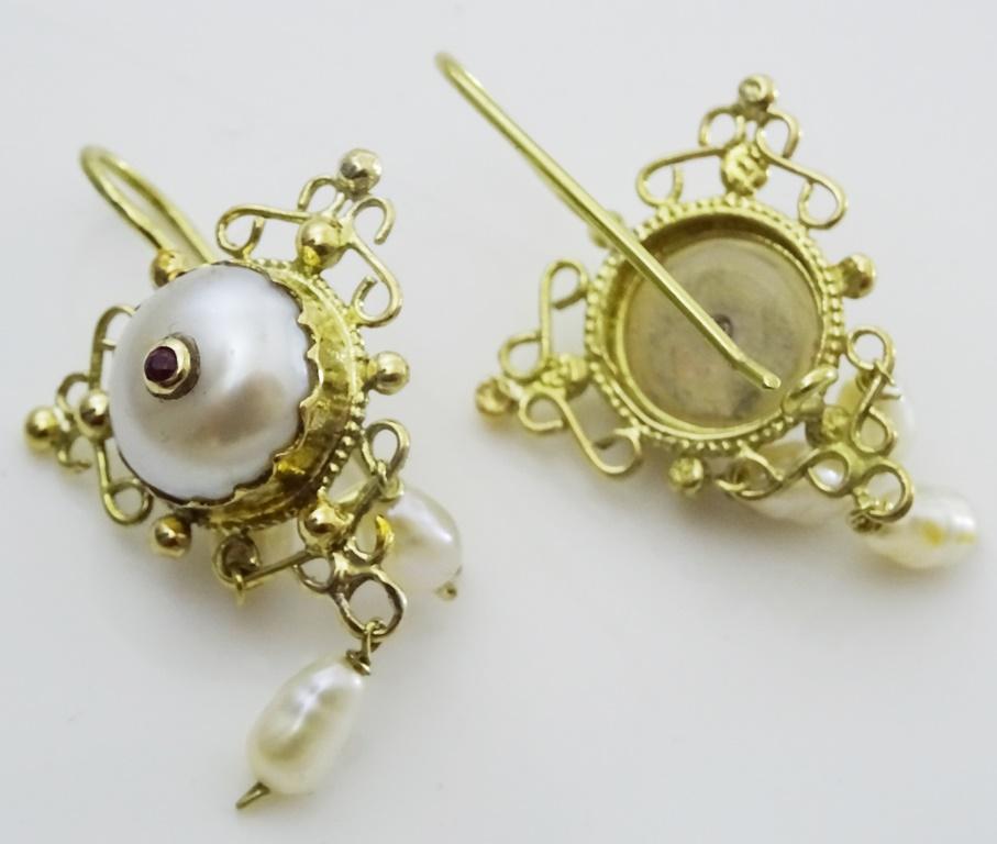 Women's Handmade 18 karat Gold , Pearl and Ruby Earrings For Sale