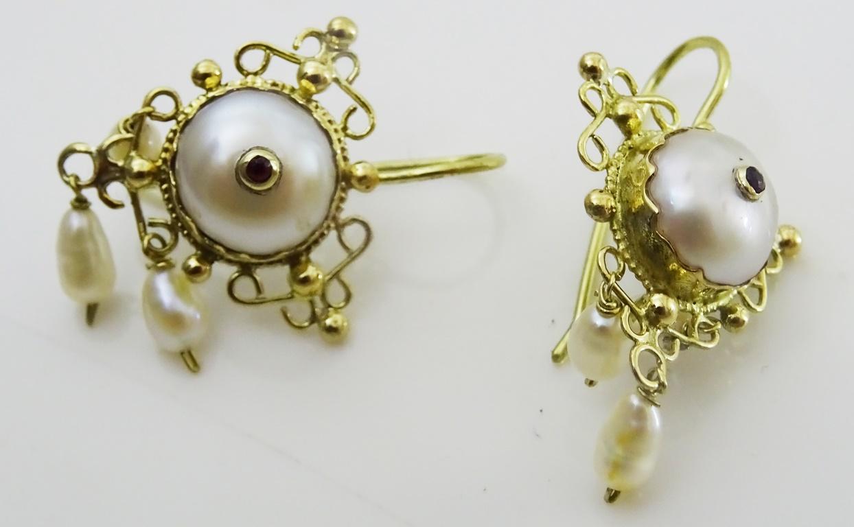Handmade 18 karat Gold , Pearl and Ruby Earrings For Sale 1