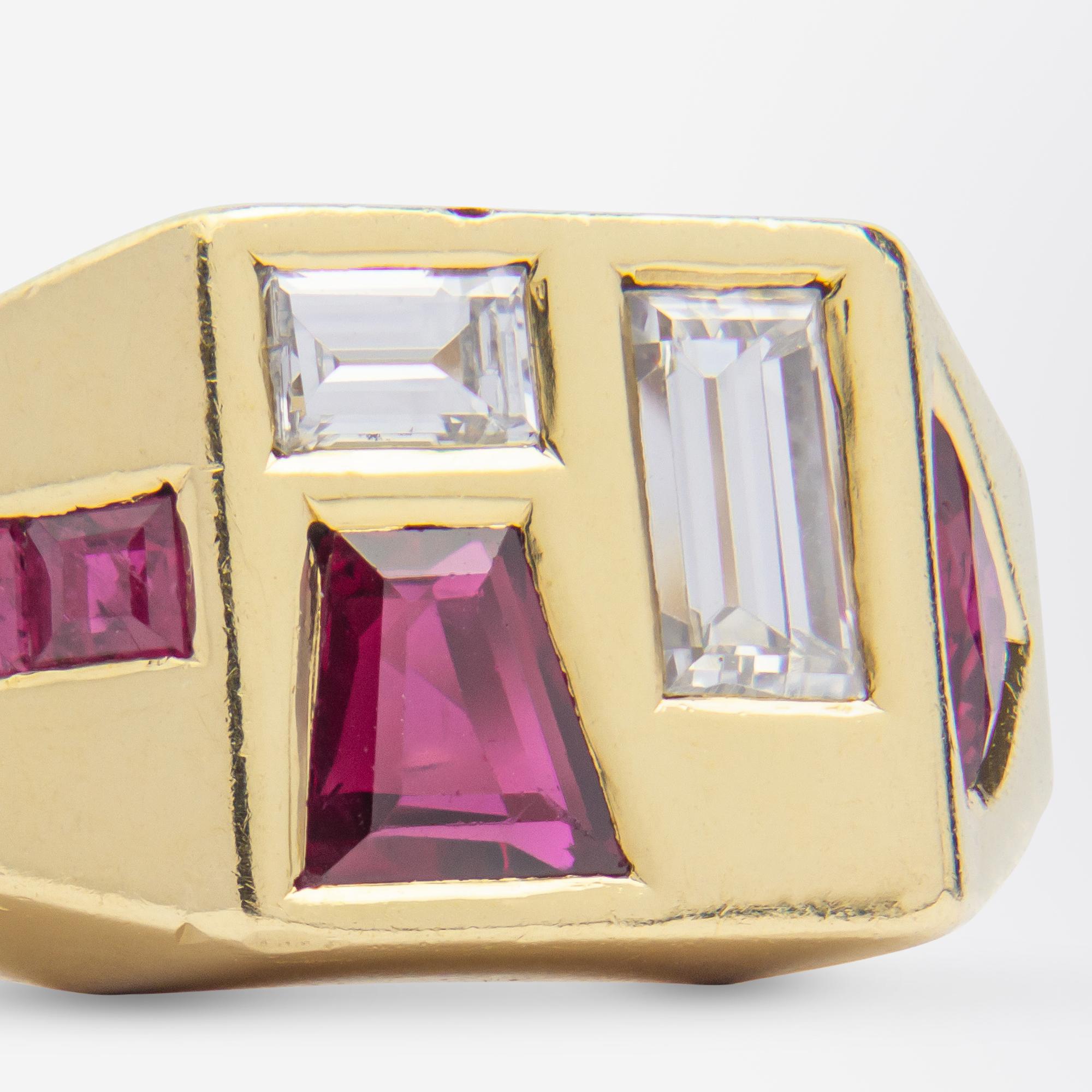 Modernist Handmade, 18 Karat Gold, Ruby & Diamond Geometric Ring For Sale