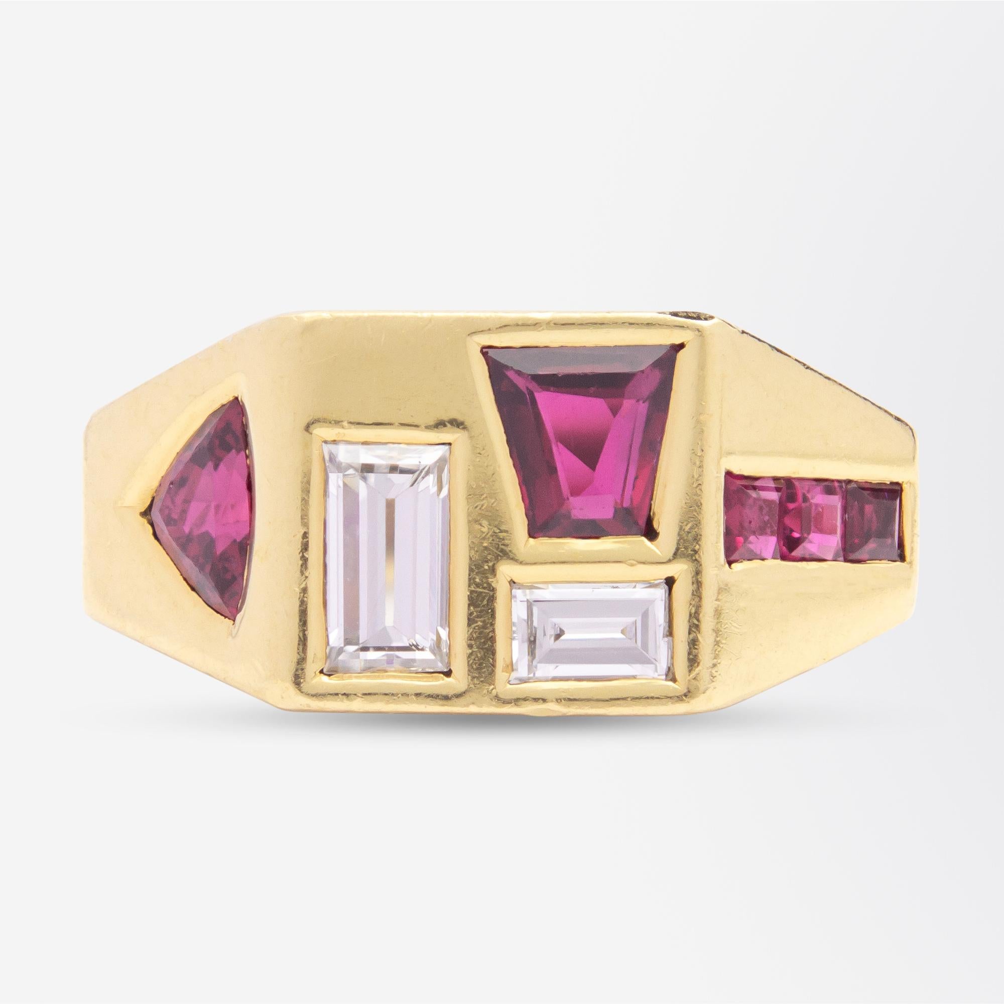 Tapered Baguette Handmade, 18 Karat Gold, Ruby & Diamond Geometric Ring For Sale