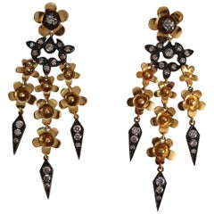 Handmade 18 Karat Gold, Silver Diamond Dangle Earrings