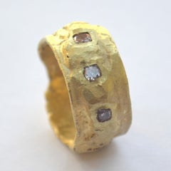 Handmade 18 Karat Organic Texture Ring with Four Fancy Colored Diamonds
