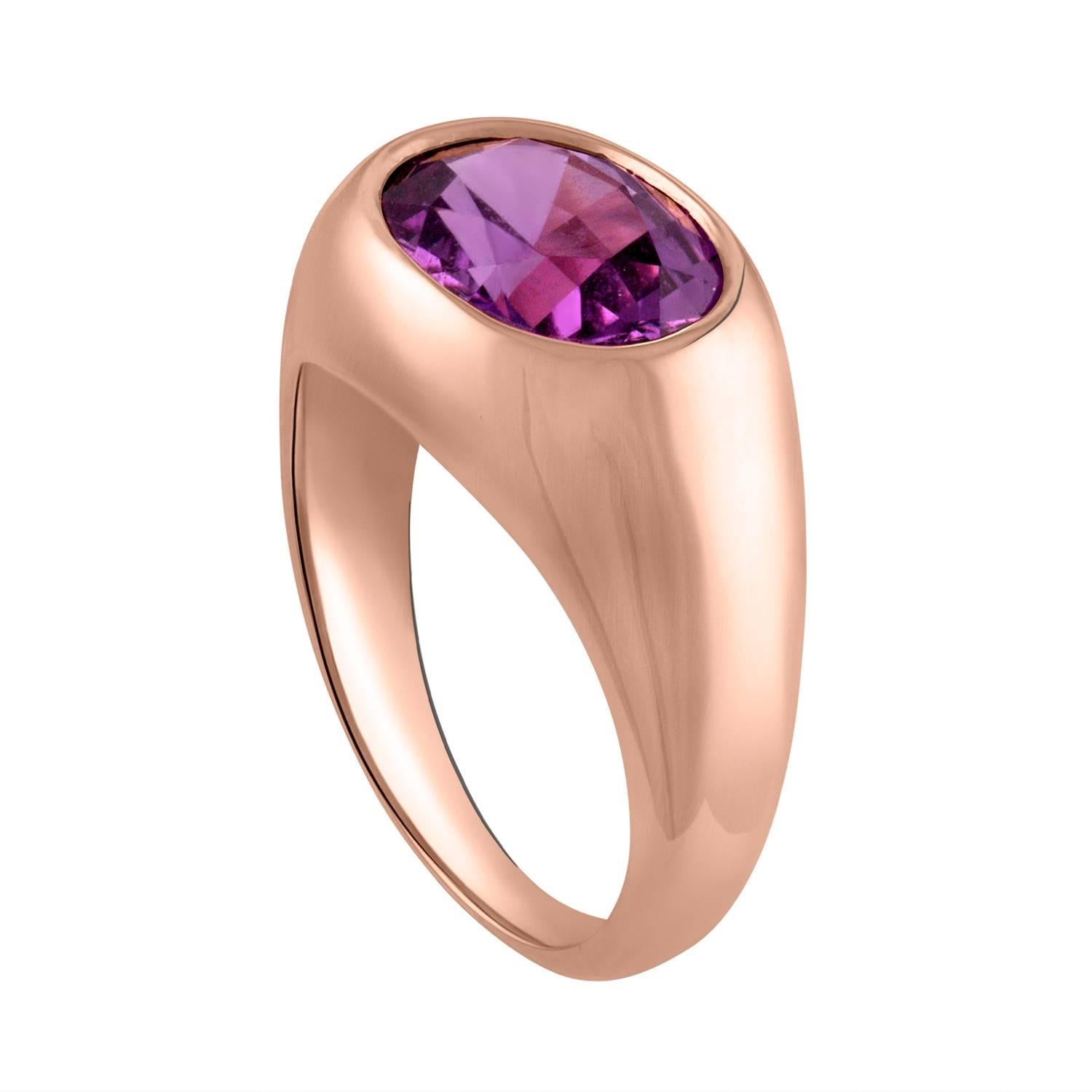 Oval Cut Handmade 18 Karat Rose Gold Bezel and 3 Carat Oval Purple Sapphire Ring For Sale