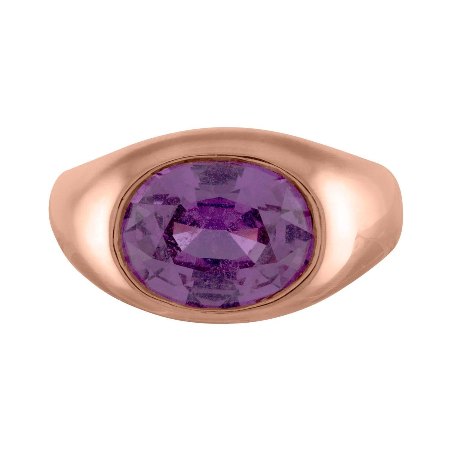 Handmade 18 Karat Rose Gold Bezel and 3 Carat Oval Purple Sapphire Ring For Sale