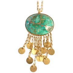 Handmade 18 Karat Solid Gold Satin Finish Large Turquoise Pendant Necklace