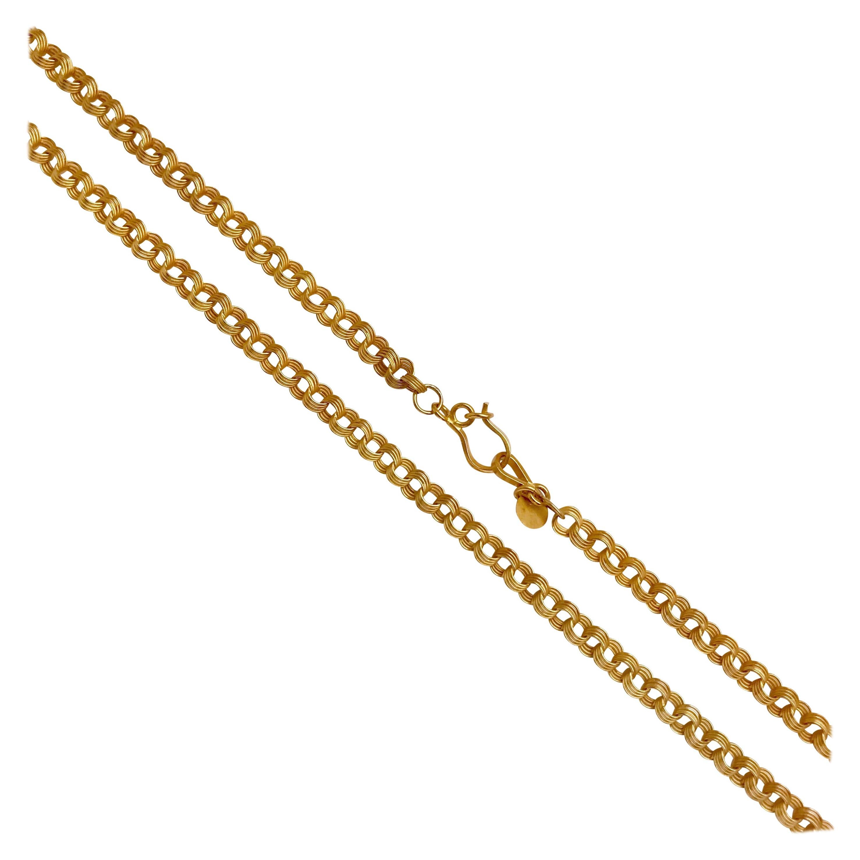Handmade 18 Karat Solid Yellow Gold Satin Finish Link Chain Necklace For Sale