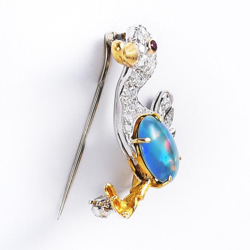 Artist Handmade 18 Karat White Gold Duck Brooch with Diamonds Ruby and Doublet Opal For Sale