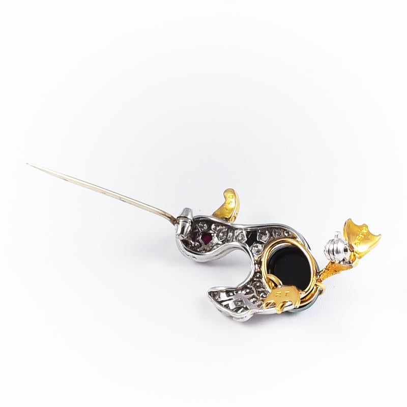 Handmade 18 Karat White Gold Duck Brooch with Diamonds Ruby and Doublet Opal In Excellent Condition For Sale In Roma, IT