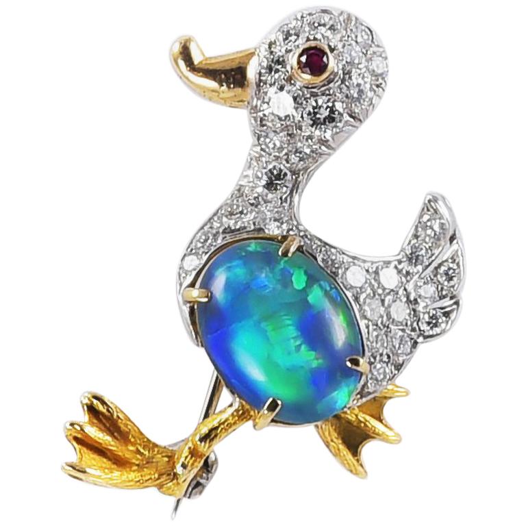 Handmade 18 Karat White Gold Duck Brooch with Diamonds Ruby and Doublet Opal For Sale