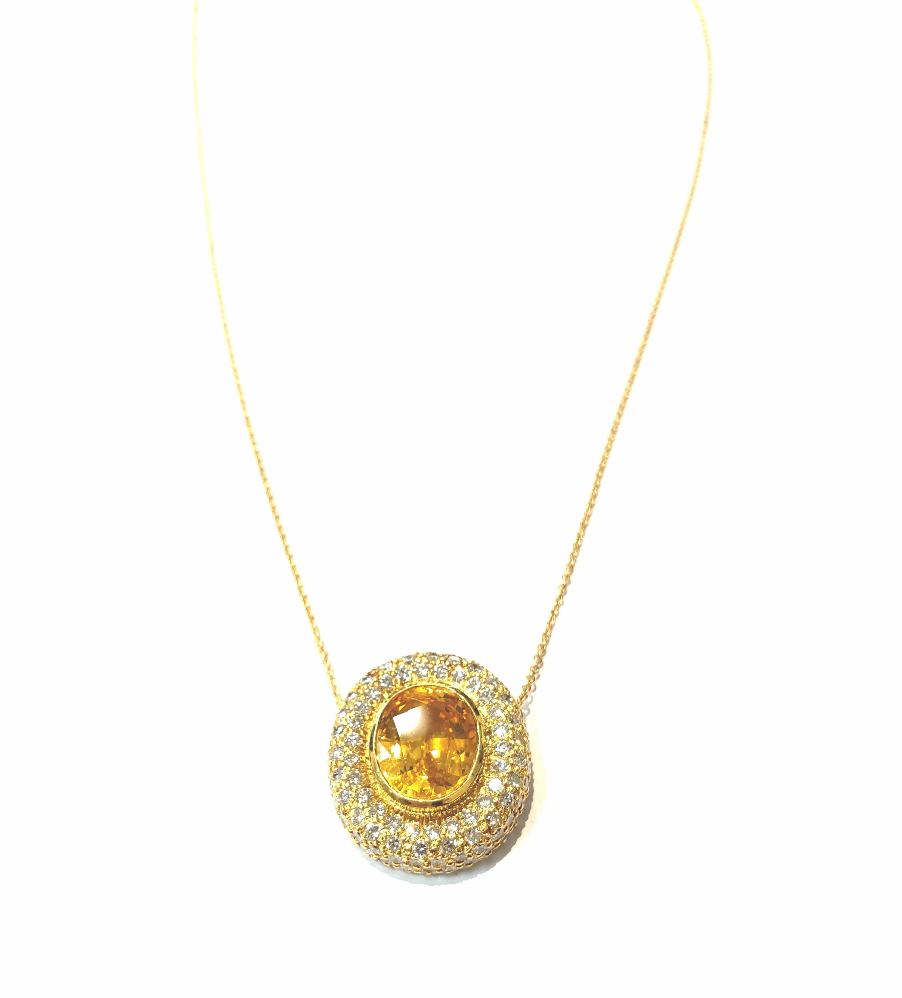 Handmade 18 Karat Yellow Gold and Diamond Pendant with a Center Yellow Sapphire For Sale 4