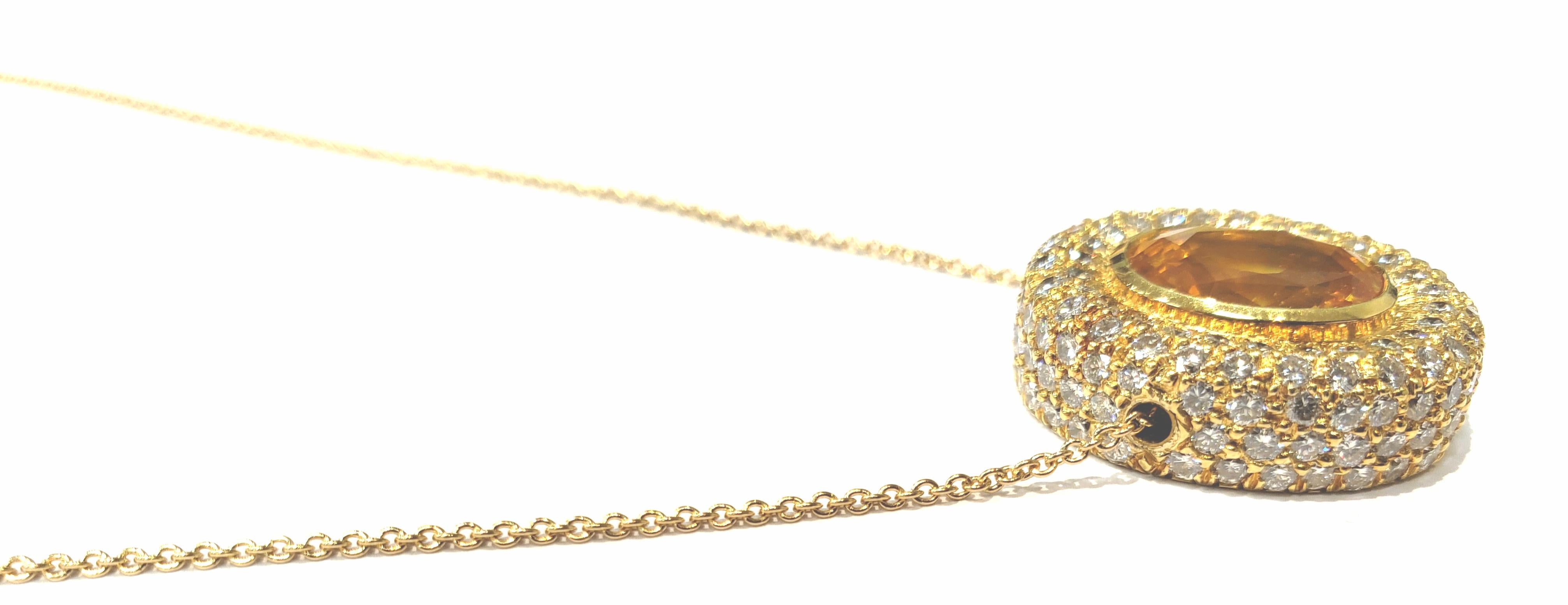 Contemporary Handmade 18 Karat Yellow Gold and Diamond Pendant with a Center Yellow Sapphire For Sale