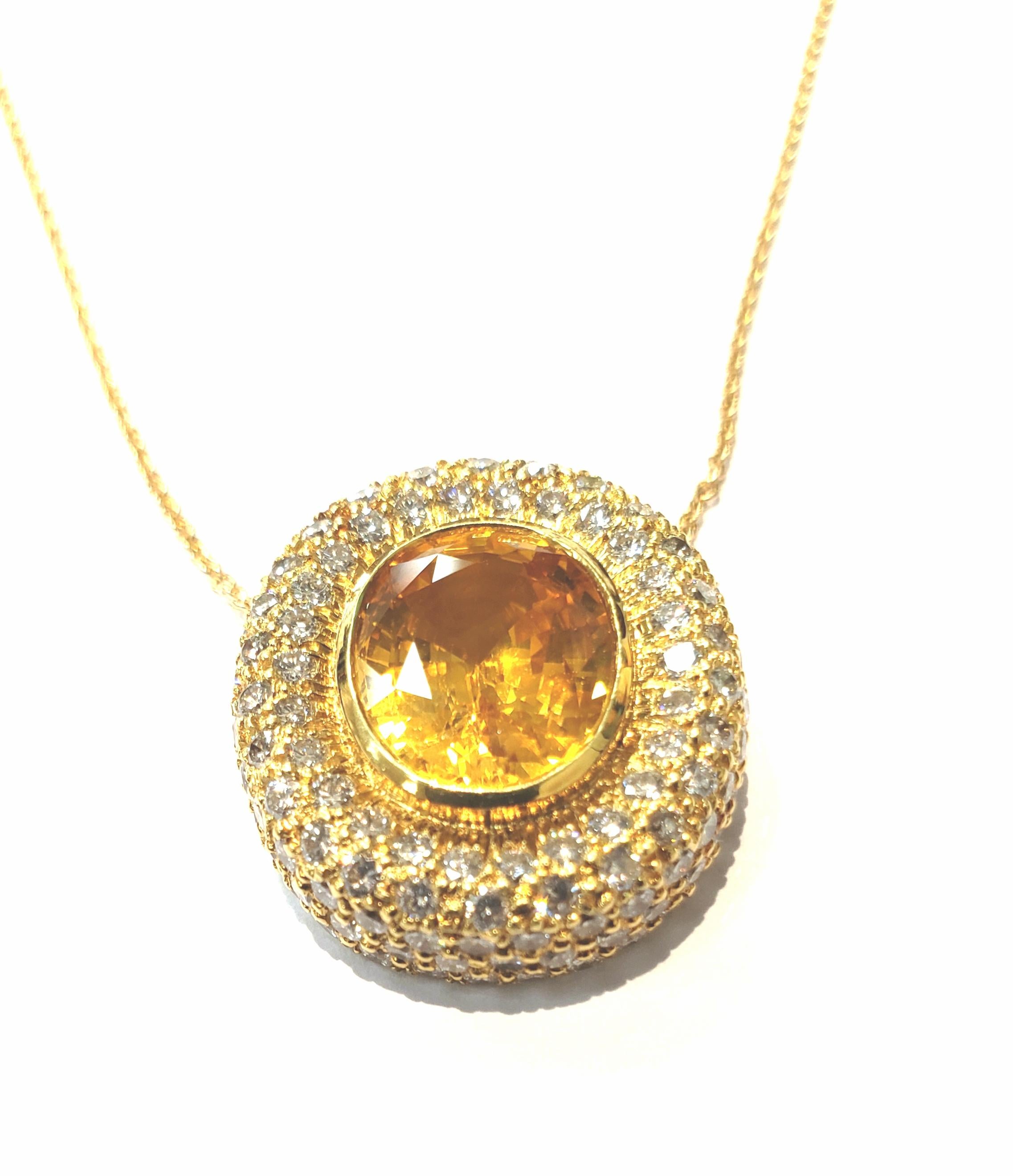 Oval Cut Handmade 18 Karat Yellow Gold and Diamond Pendant with a Center Yellow Sapphire For Sale