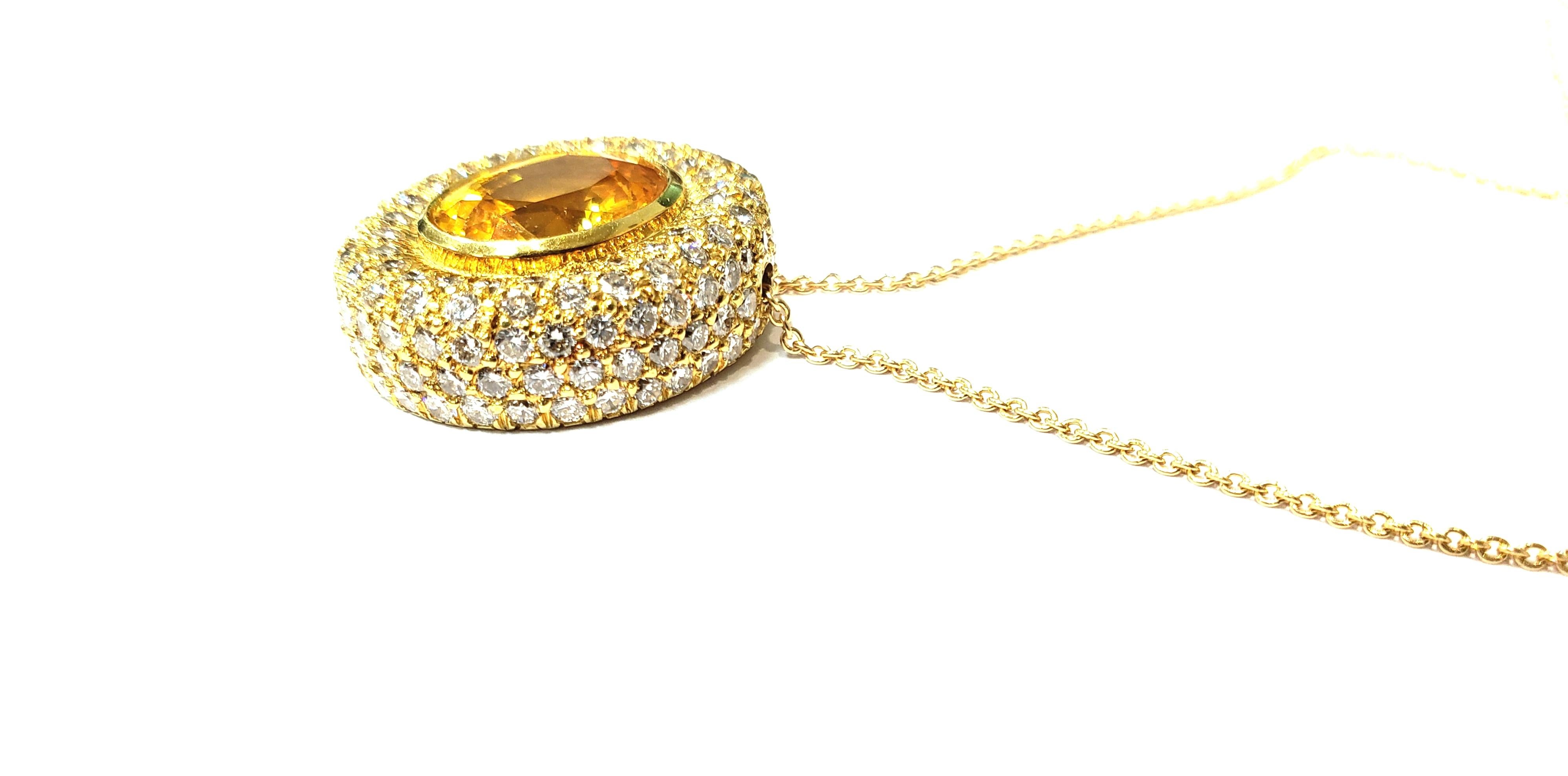 Women's Handmade 18 Karat Yellow Gold and Diamond Pendant with a Center Yellow Sapphire For Sale