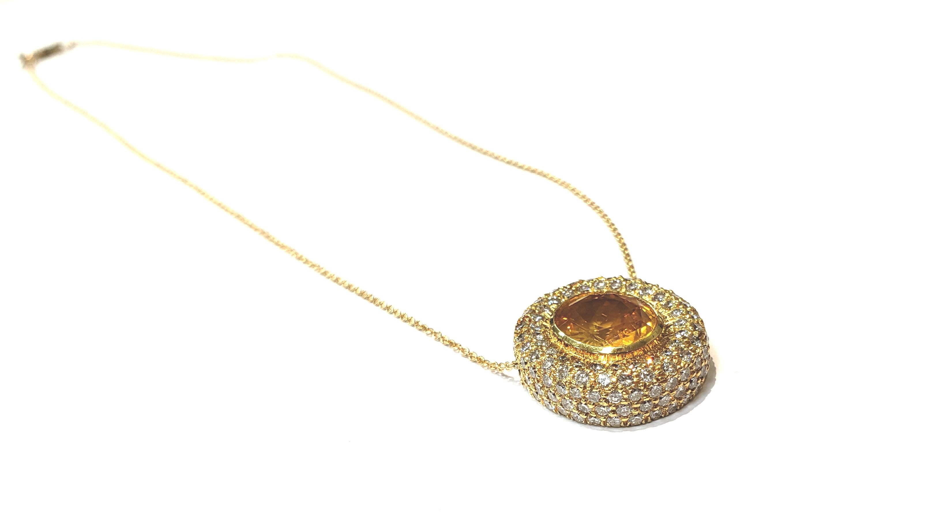 Handmade 18 Karat Yellow Gold and Diamond Pendant with a Center Yellow Sapphire For Sale 1