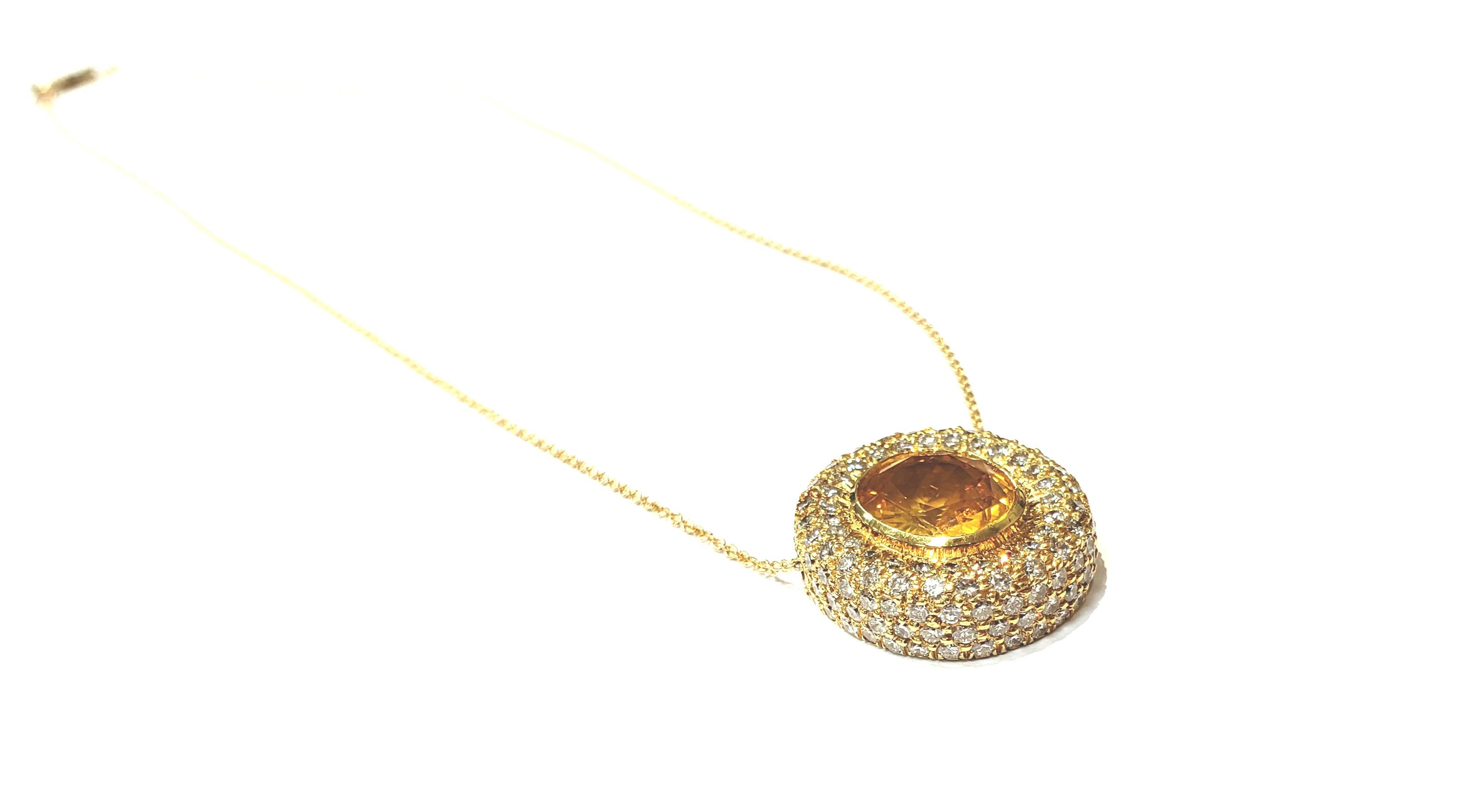 Handmade 18 Karat Yellow Gold and Diamond Pendant with a Center Yellow Sapphire For Sale 2