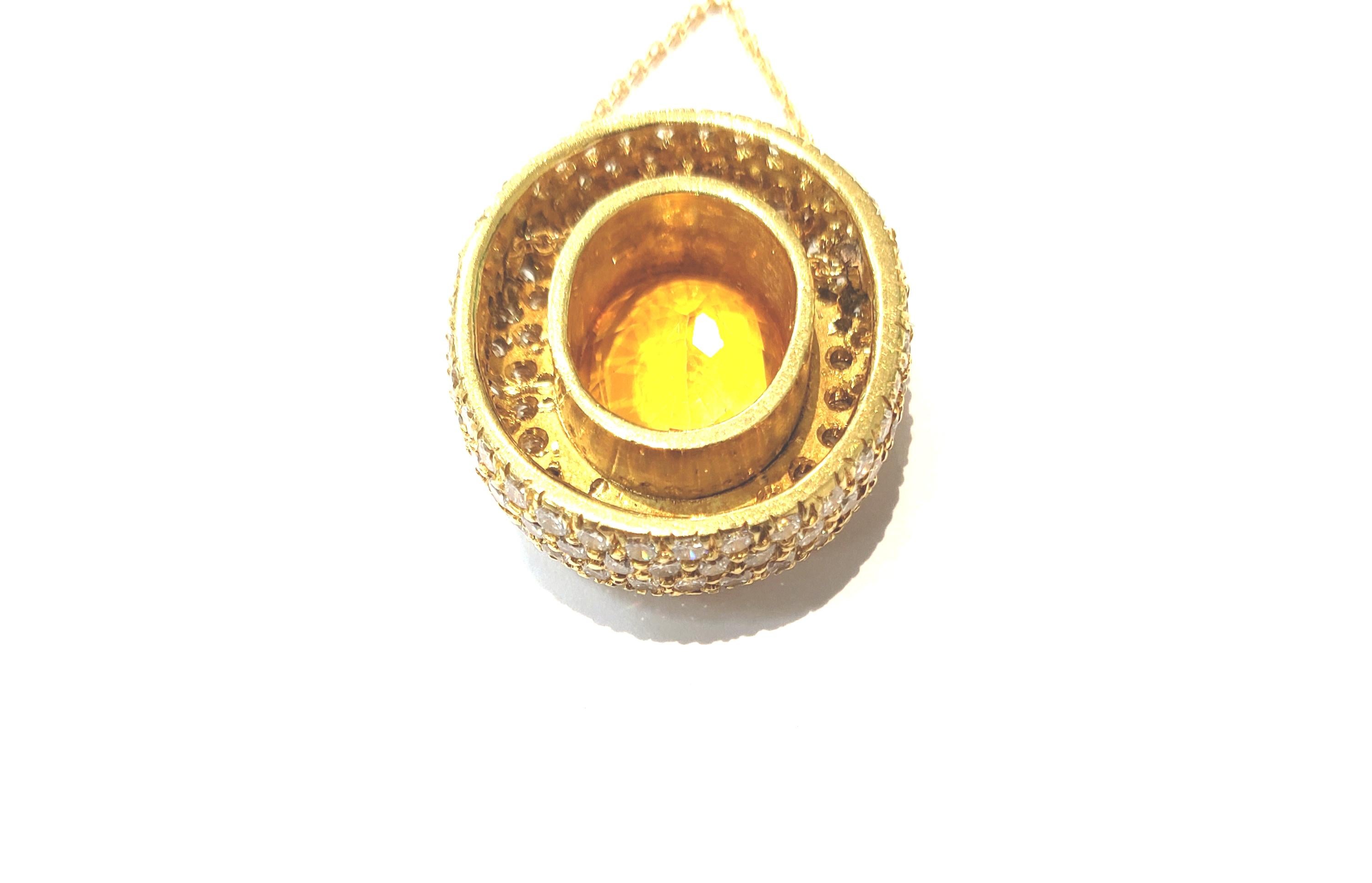 Handmade 18 Karat Yellow Gold and Diamond Pendant with a Center Yellow Sapphire For Sale 3