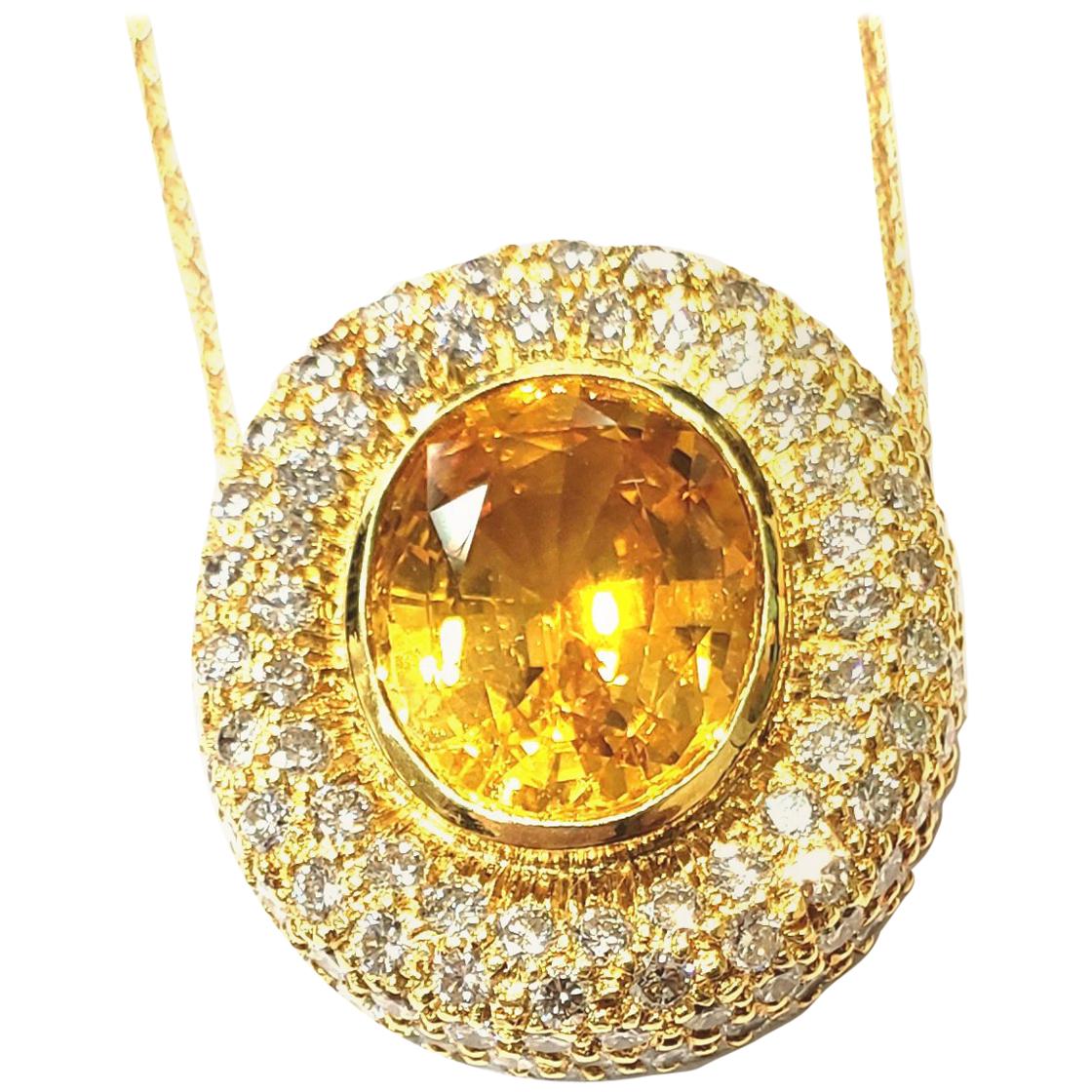 Handmade 18 Karat Yellow Gold and Diamond Pendant with a Center Yellow Sapphire For Sale