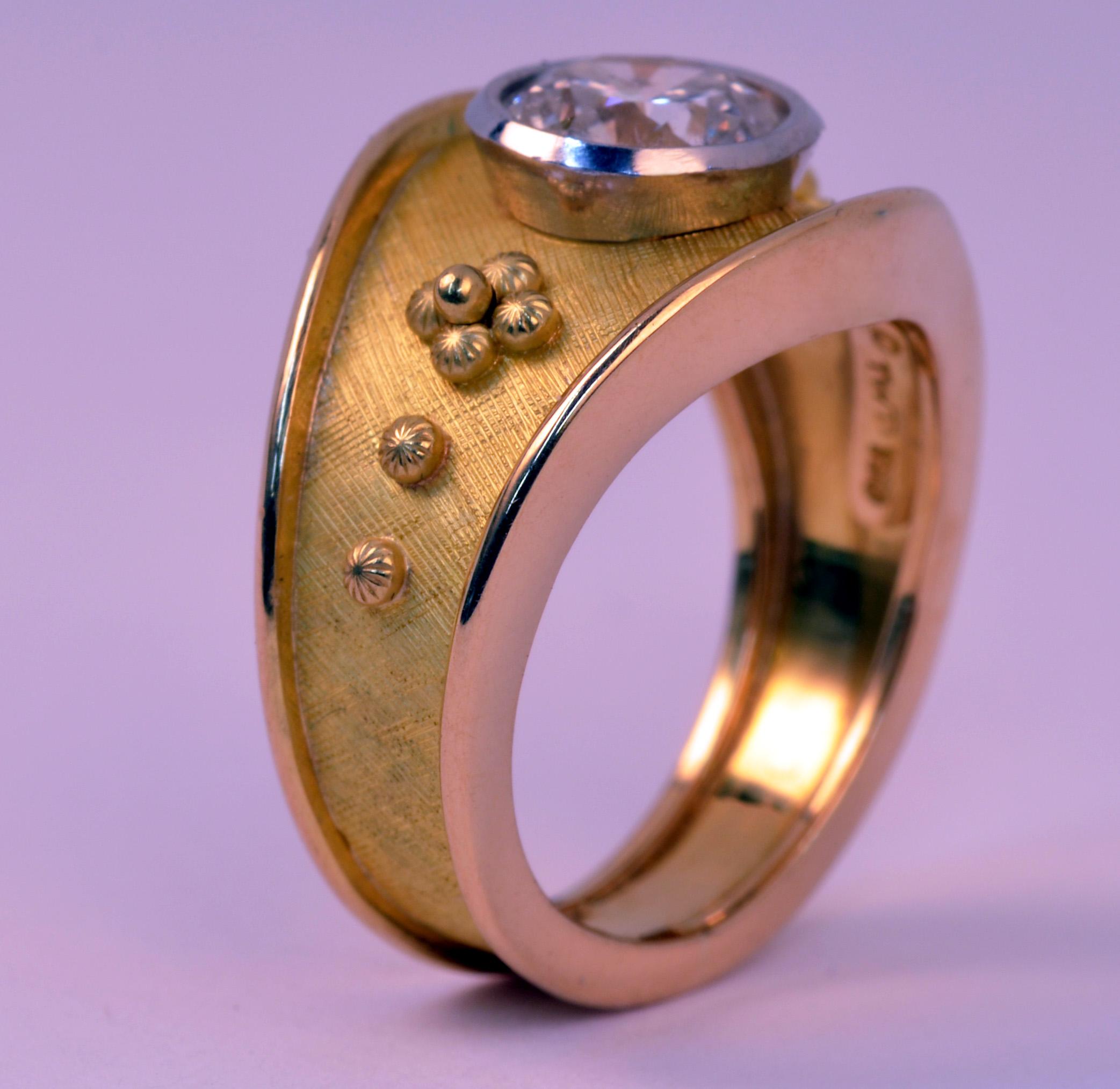 Contemporary Handmade 18 Karat Yellow Gold and Platinum Bezel Set Diamond Ring For Sale