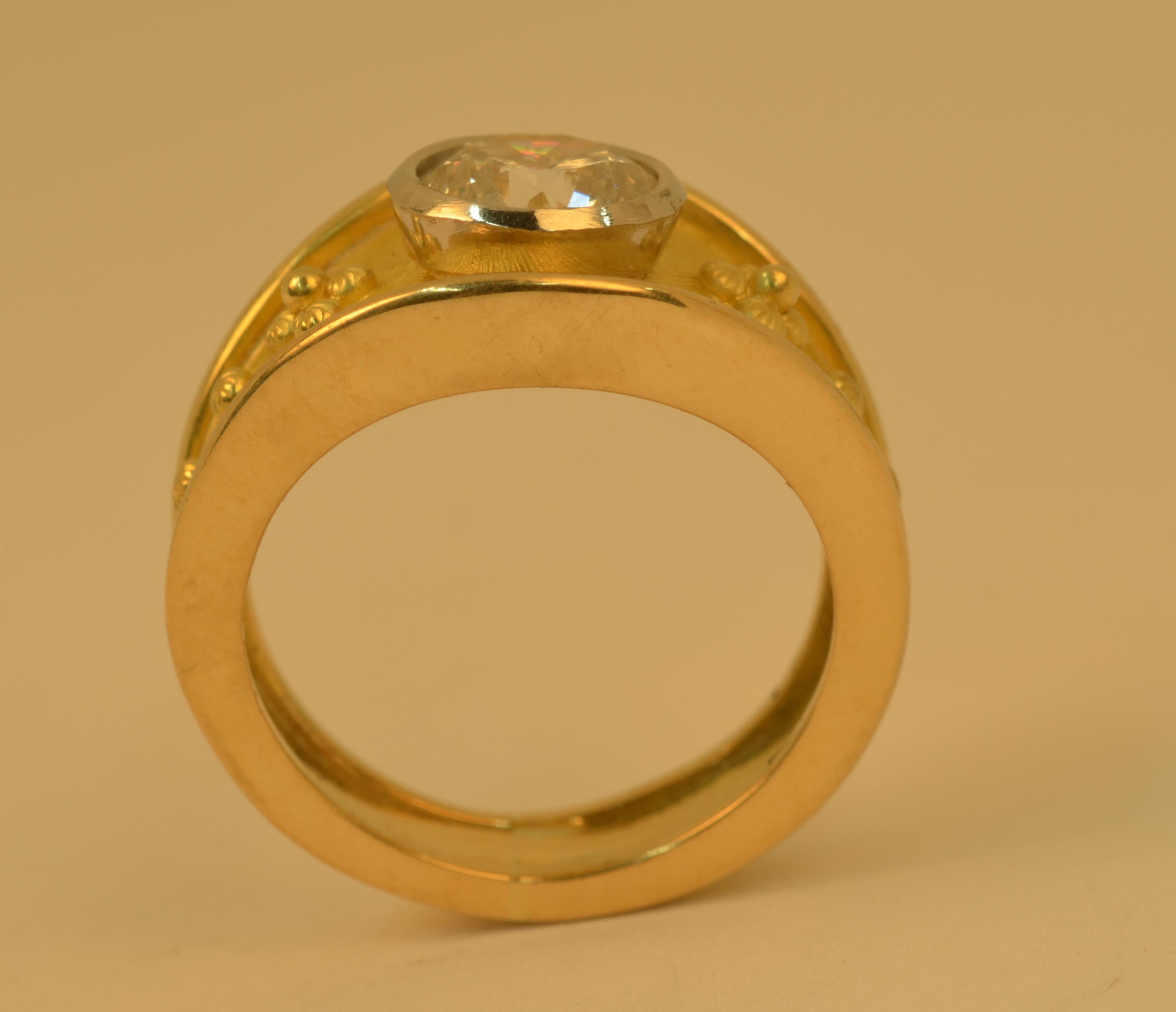 Brilliant Cut Handmade 18 Karat Yellow Gold and Platinum Bezel Set Diamond Ring For Sale
