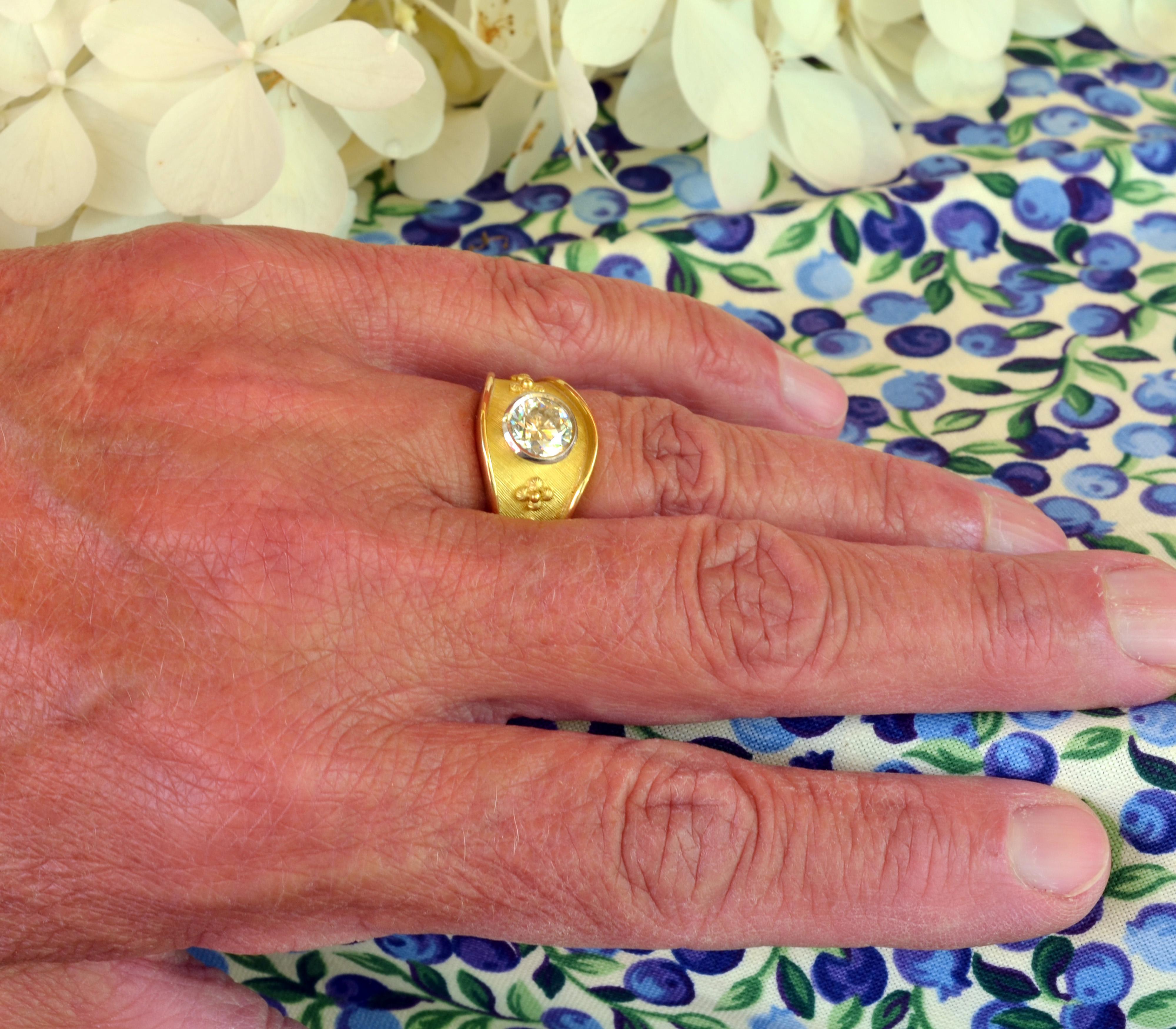 Women's Handmade 18 Karat Yellow Gold and Platinum Bezel Set Diamond Ring For Sale