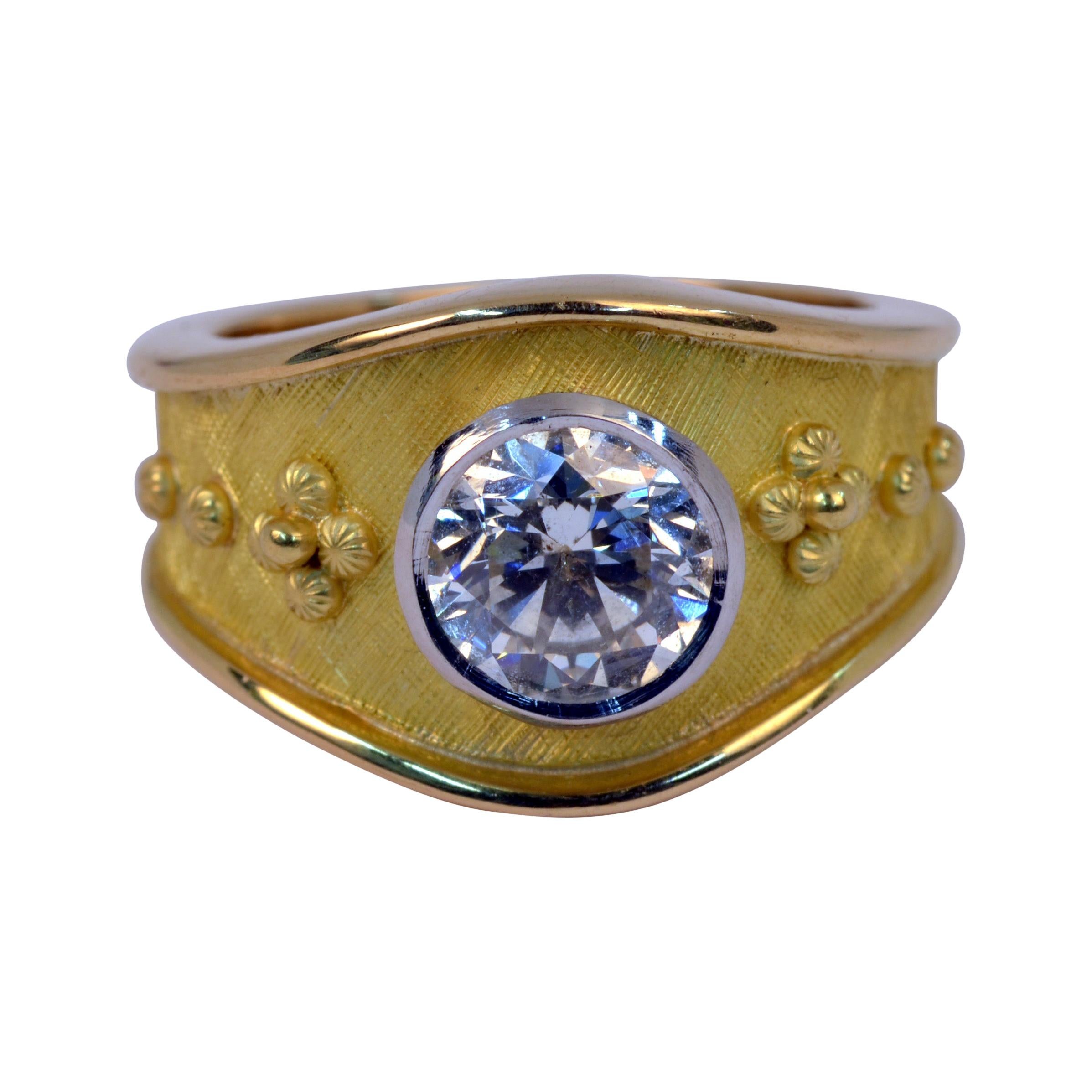 Handmade 18 Karat Yellow Gold and Platinum Bezel Set Diamond Ring For Sale