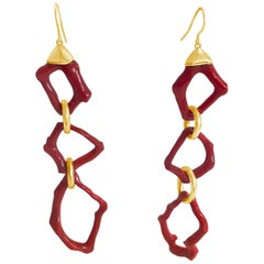 Handmade 18 Karat Yellow Gold and Red Coral Drop Earrings