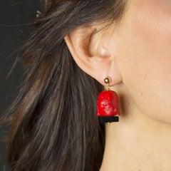 Handmade 18 Kt Gold Earrings with Coral Buddha and Onyx