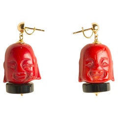 Handmade 18 Kt Gold Earrings with Coral Buddha and Onyx
