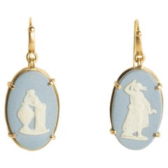 Antique Handmade 18 Kt Gold Earrings with Early 1900s Wedgwood Blue Porcelain Elements