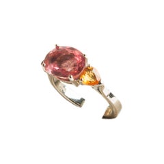 Handmade 18 Kt White Gold Ring with Heart Cut Sapphires and Pink Tourmaline