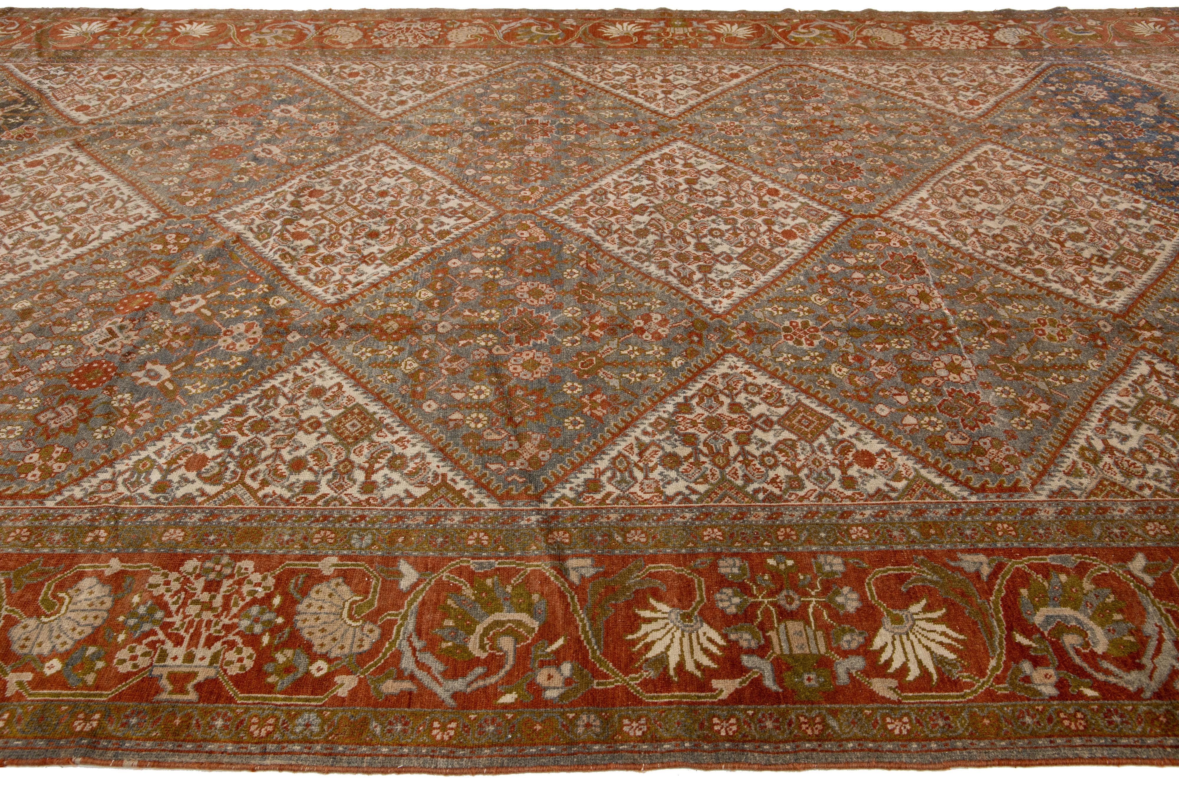 Hand-Knotted Handmade 1880s Antique Mahal  Blue Persian Wool Rug With Geometric Floral Motif For Sale