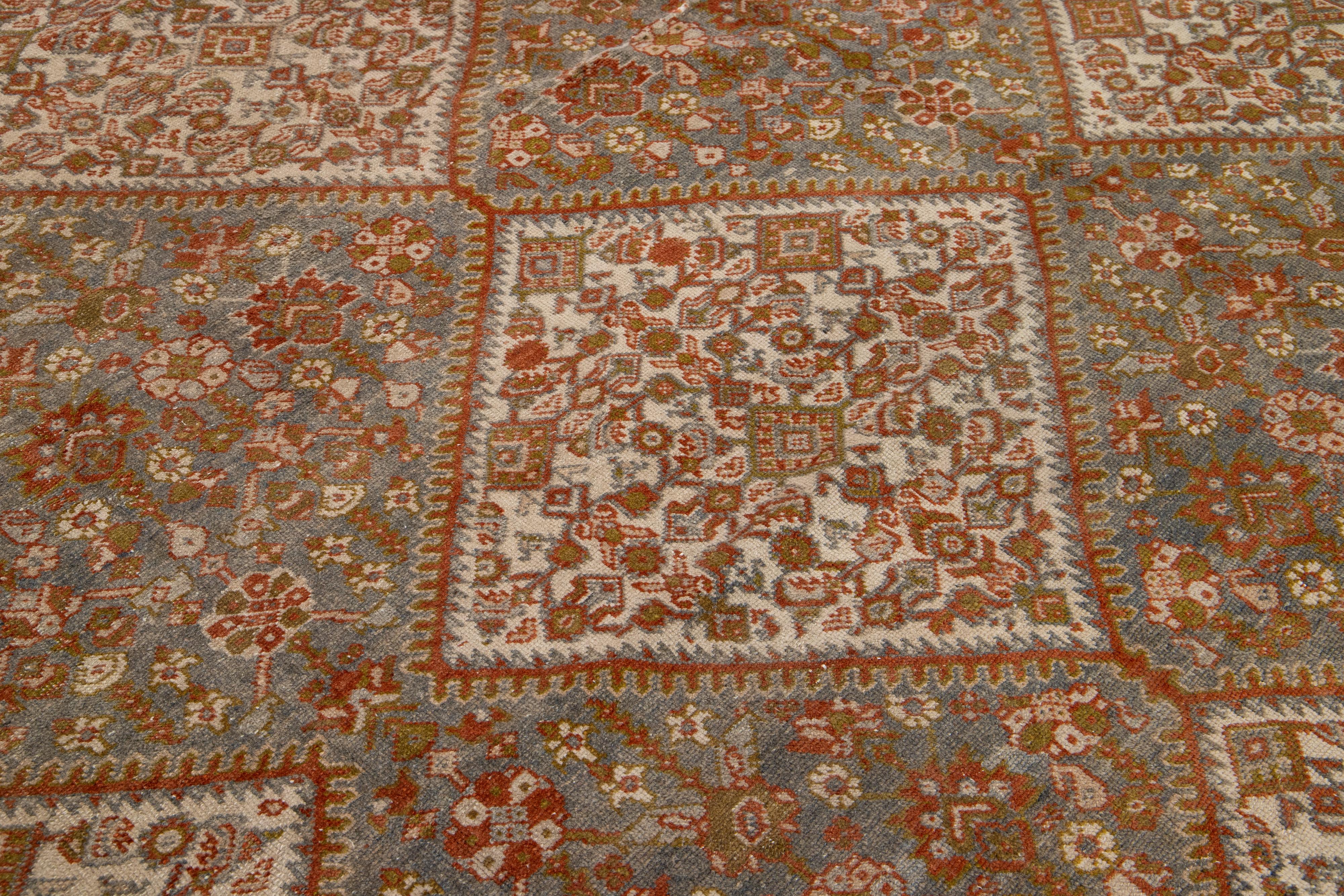 Handmade 1880s Antique Mahal  Blue Persian Wool Rug With Geometric Floral Motif For Sale 1