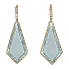 Handmade 18.81 Karat Blue Topaz Kite Shaped Pave Diamond Drop Earrings 18 Karat