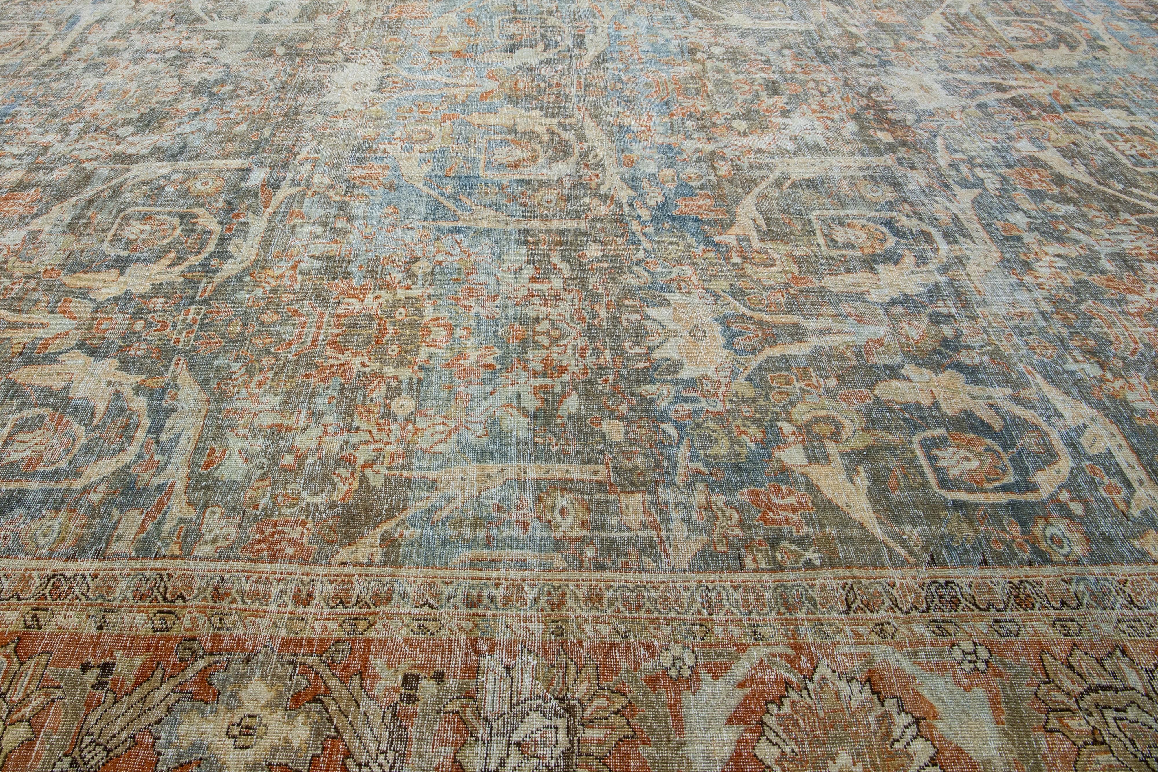 Handmade 1890s Blue Persian Mahal Extra Large Wool Rug with Allover Design For Sale 4