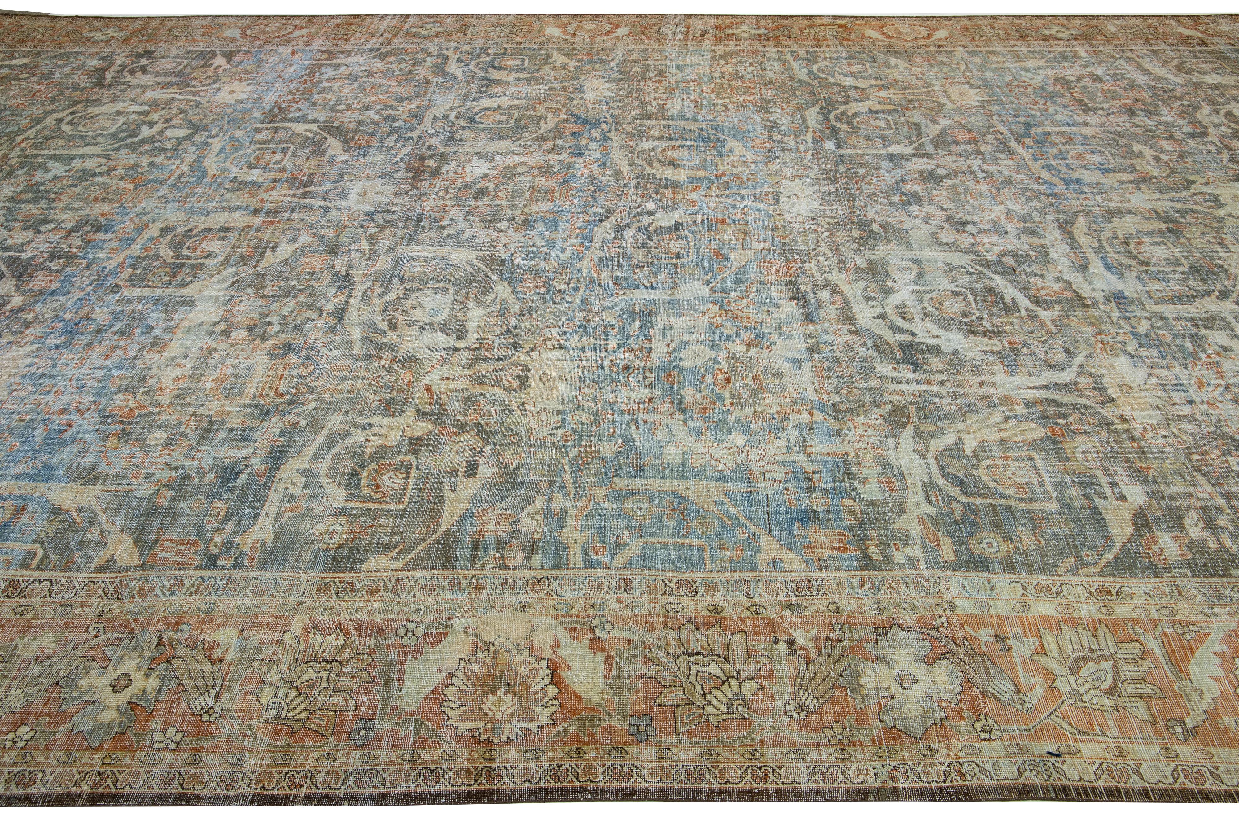 Handmade 1890s Blue Persian Mahal Extra Large Wool Rug with Allover Design In Good Condition For Sale In Norwalk, CT