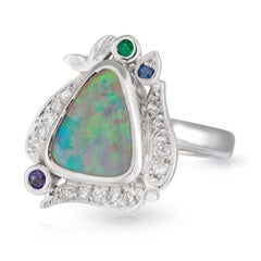 Handmade 18ct White Gold Natural Opal, Sapphire, Garnet and Diamond Dress Ring