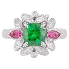 Handmade 18ct White Gold Tsavorite Garnet, Spinel & Diamond Art Deco Dress Ring