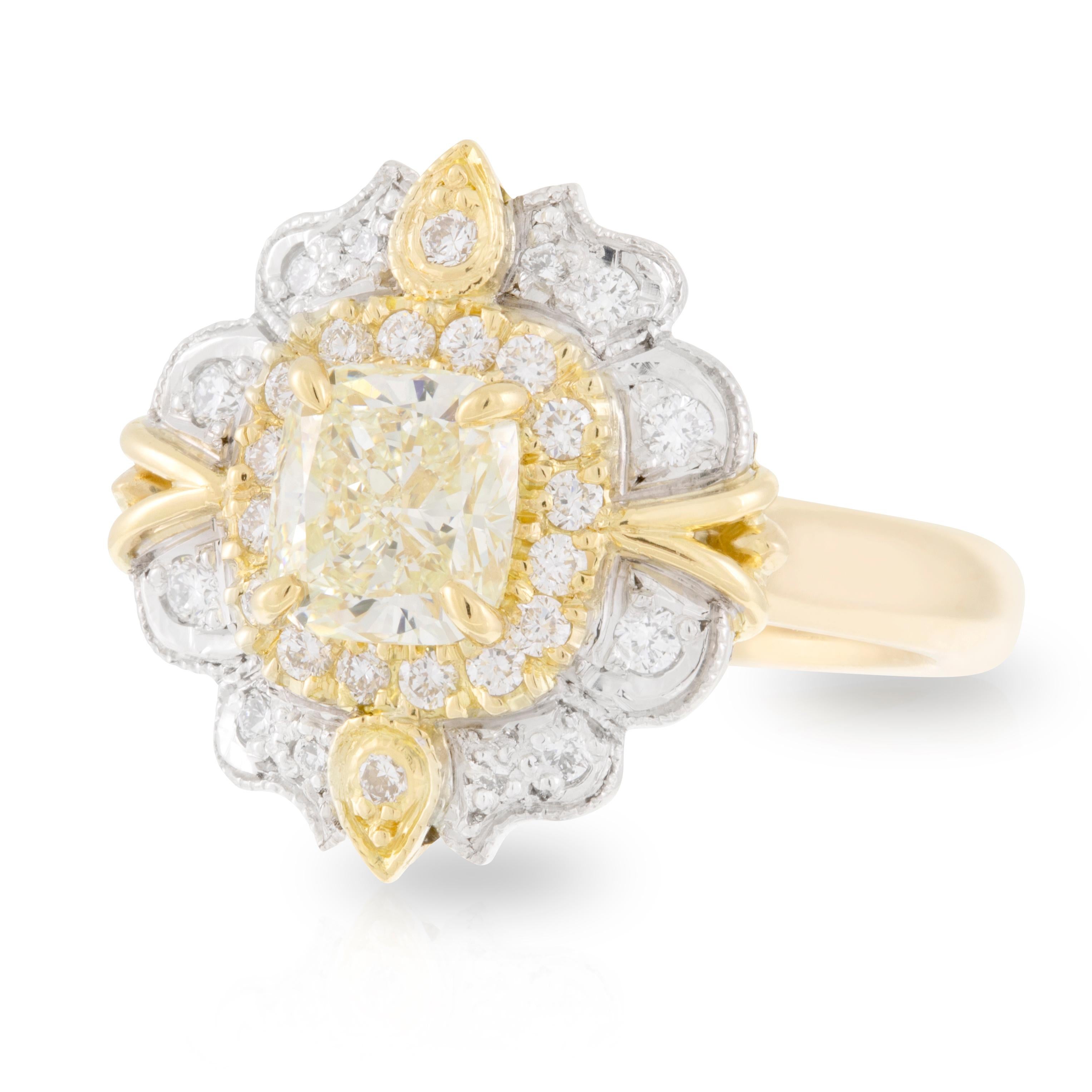 Handmade 18ct Yellow and White Gold 1.03ct Cushion Cut Yellow Diamond Centre with an Art Deco Style Diamond Halo Engagement Ring. TDW 1.28ct.
