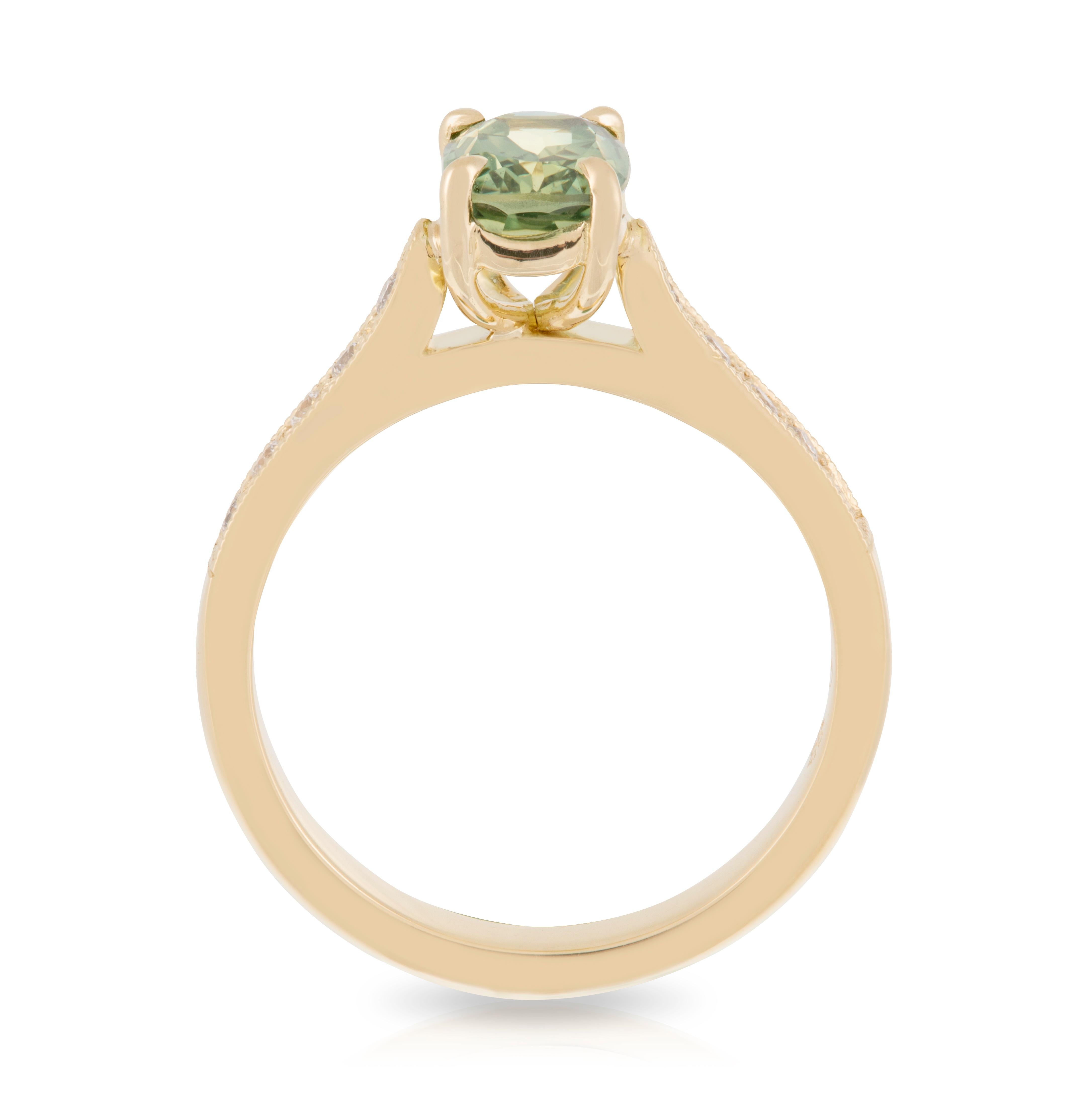 Handmade 18ct Yellow Gold 1.52ct Cushion Cut Australian Green/Yellow Parti Sapphire and Diamond Engagement Ring. TDW 0.10ct.
