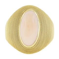 Handmade 18k Gold Elongated Oval Cabochon Bezel Coral Domed Twisted Wire Ring