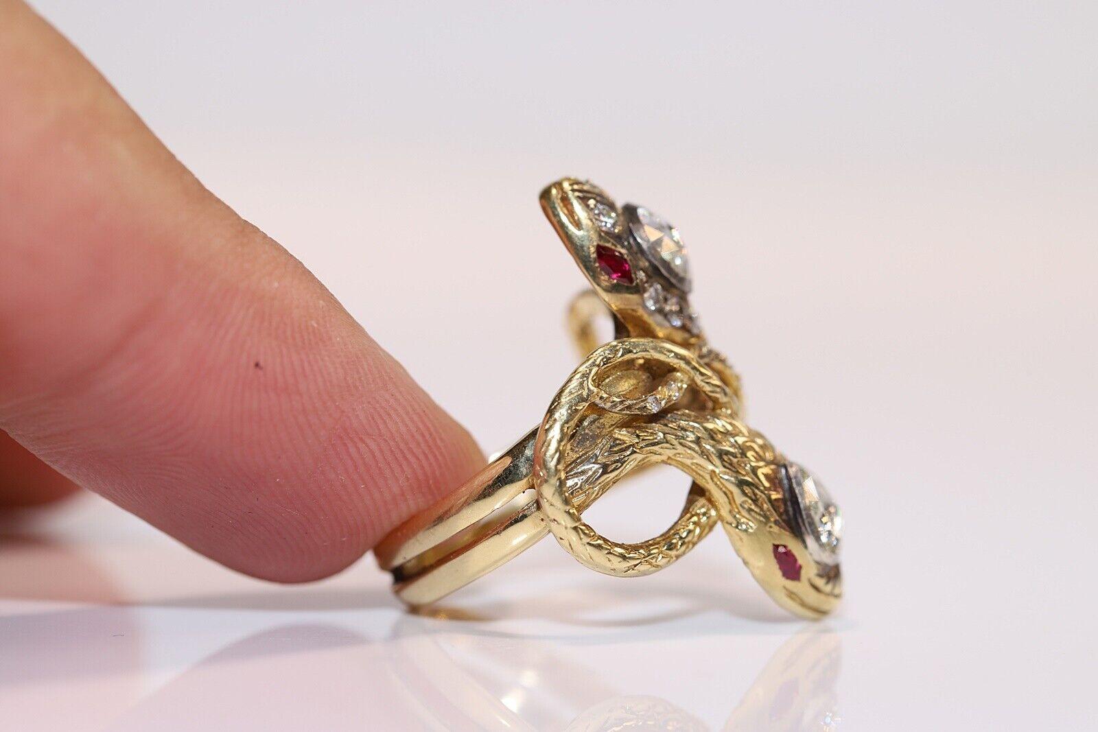 Rose Cut Handmade 18k Gold Natural Diamond And Ruby Decorated Snake Ring  For Sale