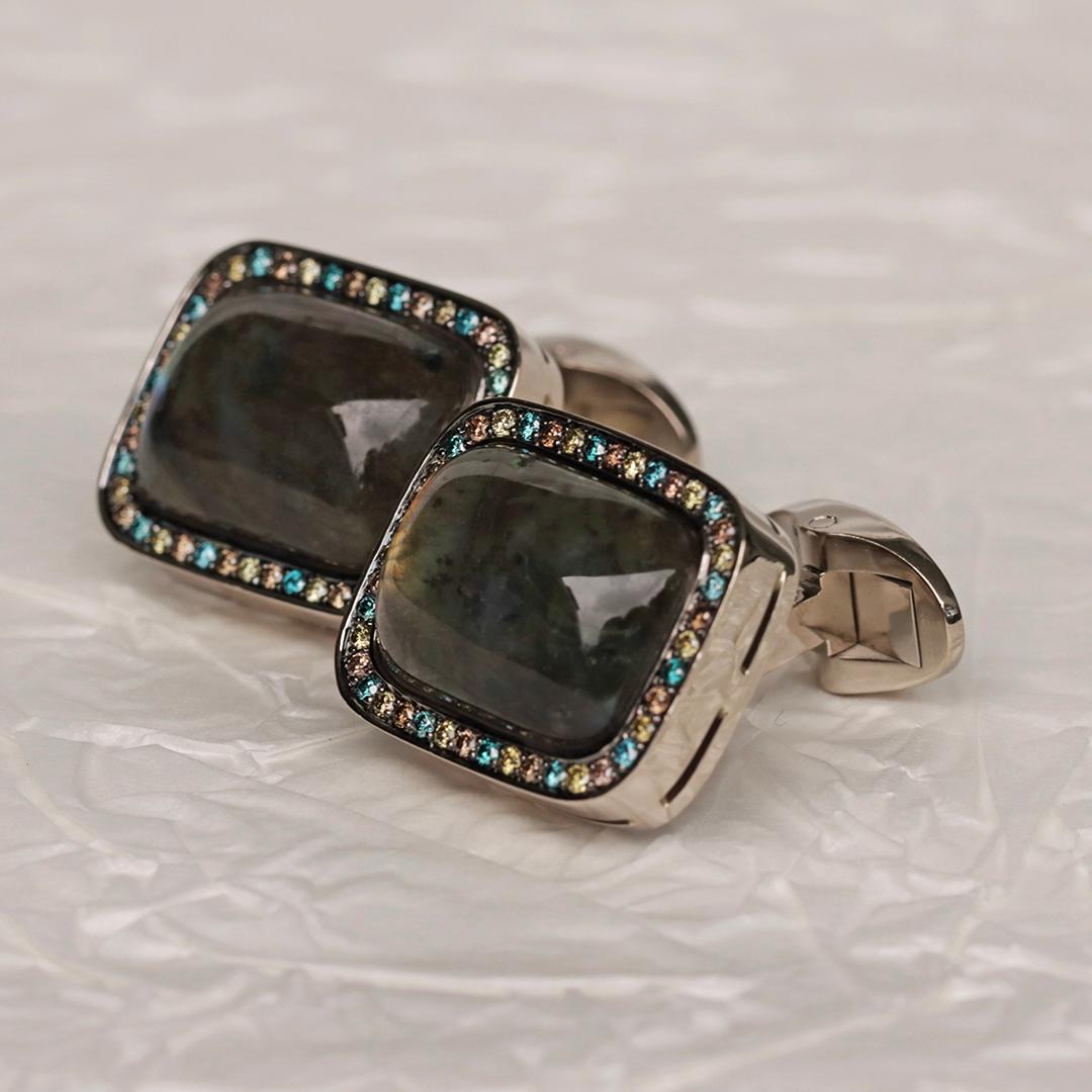 Handgefertigte Manschettenknöpfe mit Halo aus 18 Karat Palladium Weißgold Labradorit Diamant 4
