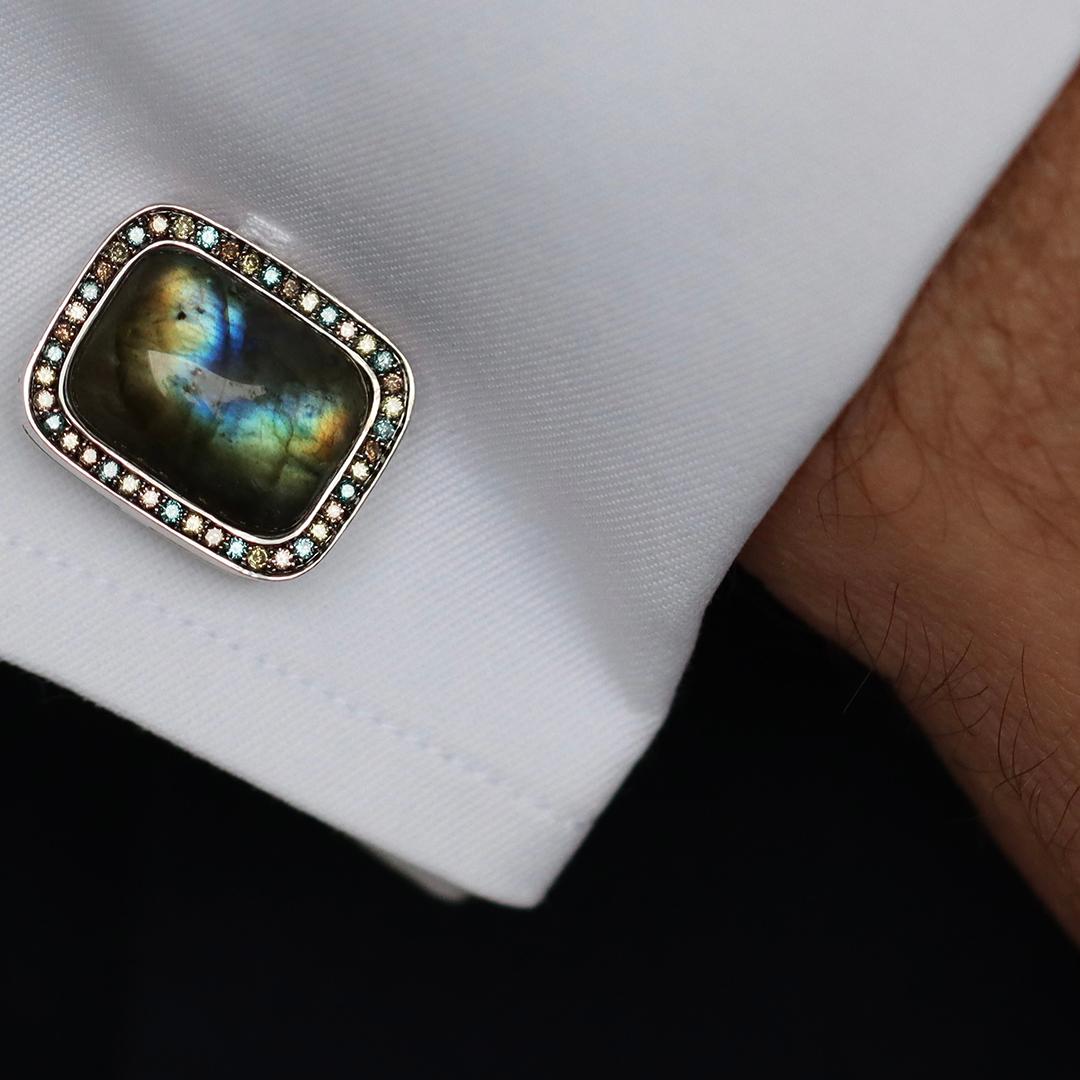 Handgefertigte Manschettenknöpfe mit Halo aus 18 Karat Palladium Weißgold Labradorit Diamant für Damen oder Herren