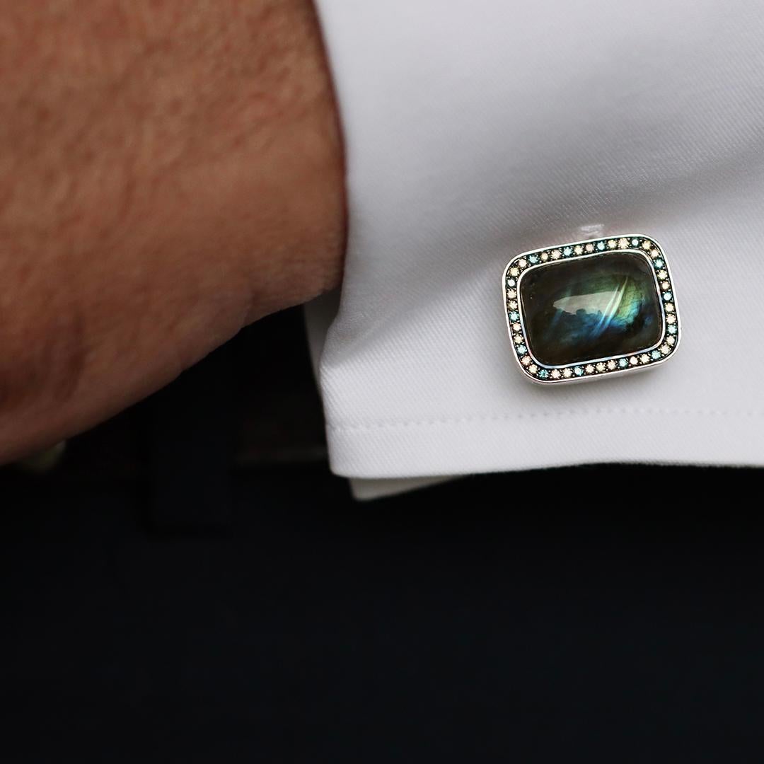 Handgefertigte Manschettenknöpfe mit Halo aus 18 Karat Palladium Weißgold Labradorit Diamant 3