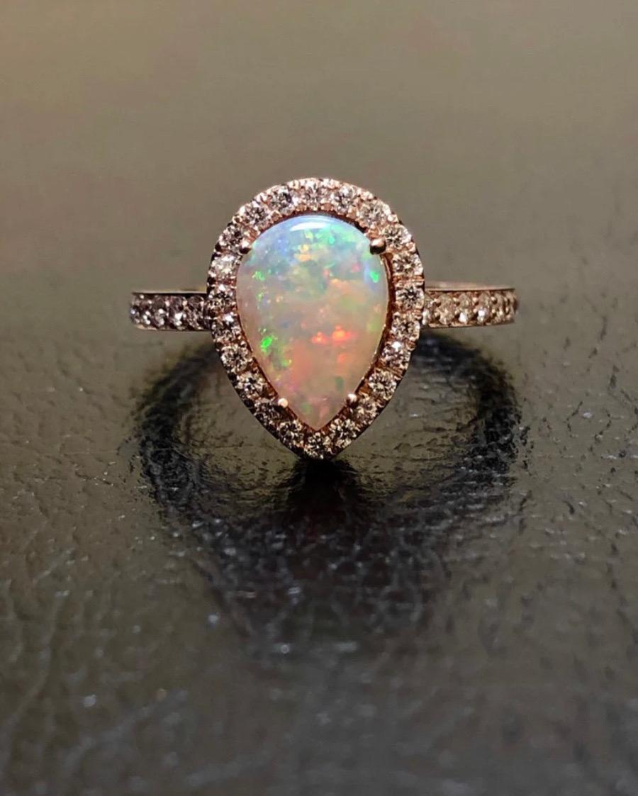 Handmade 18K Rose Gold Halo Diamond Australian Pear Shape Opal Engagement Ring For Sale 4