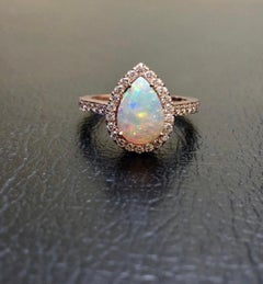 Handmade 18K Rose Gold Halo Diamond Australian Pear Shape Opal Engagement Ring